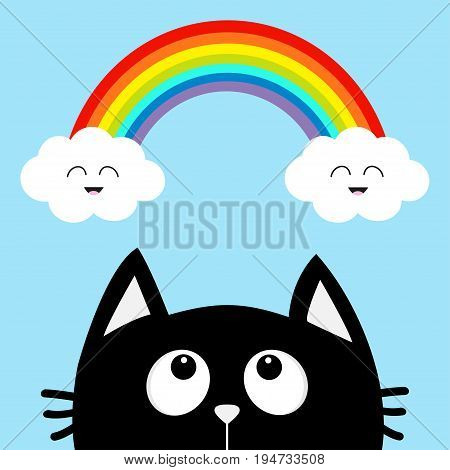 Black cat looking up to cloud and rainbow with smiling face. Cute cartoon character. Valentines Day. Kawaii animal. Love Greeting card. Flat design. Blue background. Isolated. Vector illustration