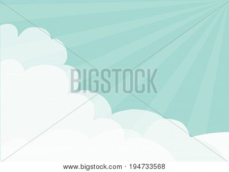 Cloud in corners frame template. Blue sky. Sun light rays burst. Sunshine. Fluffy cloudshape. Cloudy weather. Flat design. Background. Isolated Vector illustration