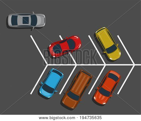 Bad car parking top view illustration. Inappropriate parking. Rude driver bad parked. Vector illustration.