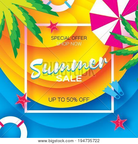Summer Sale Template banner. Beach rest. Summer vacantion poster. Top view on colorful beach elements. Square frame with space for text. Paper art style. Vector