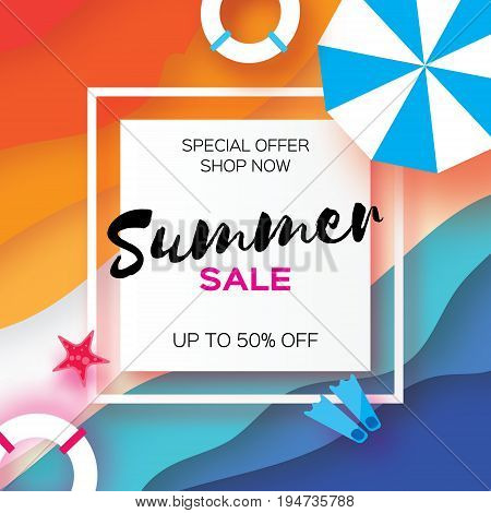 Summer Sale Template banner. Beach rest. Summer vacantion poster. Top view on colorful beach elements. Square frame with space for text. Paper art style. Vector