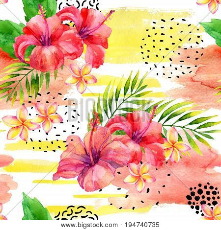 Hand painted watercolor tropical leaves and flowers on dry rough brush stroke background. Water color floral elements splash ink doodle shapes seamless pattern. Colorful exotic illustration