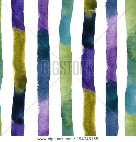 Watercolor textured colorful stripes seamless pattern. Abstract background verticaly orientated. Hand painted water color brush stroke illustration