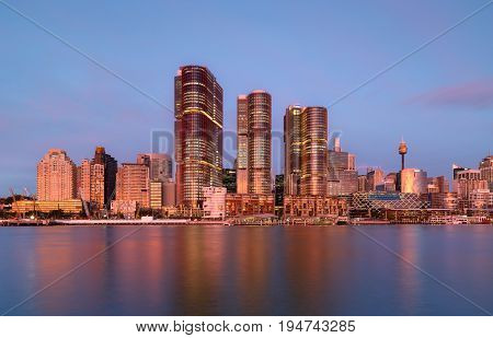 SYDNEY AUSTRALIA - July 11 2017 : Sydney Darling Harbour on sunset adjacent to the city center of Sydney and also a recreational place in Sydney central business district