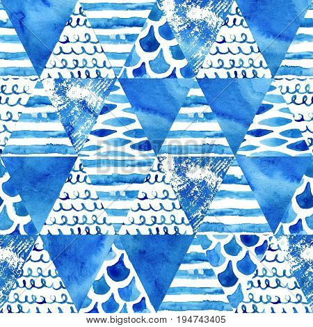 Abstract textured triangles seamless pattern: watercolor grunge textures waves stripes squiggle. Geometric background in marine style on white. Hand painted nautical illustration