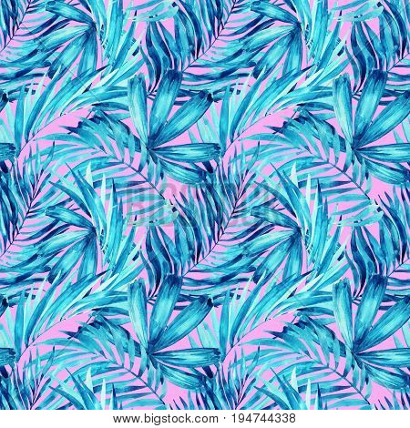 Watercolor tropical leaves seamless pattern. Watercolour palm leaves painting. Hand painted illustration for summer design. Water color exotic background.