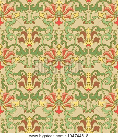 Seamless Background Oriental Chinese Botanic Garden Spiral Curve Vine Flower Leaf Chintz