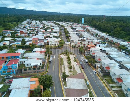 Broadwalk in residential suburban aerial drone view