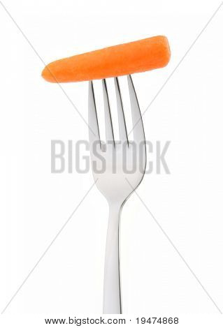 Karotte am Gabel isoliert auf weißem Hintergrund - eine Reihe von Essen ON Gabel Bildern.