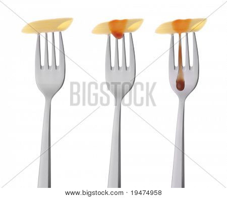 Ketchup ablegen auf Nudeln auf Gabel isoliert auf weißem Hintergrund - eine Reihe von Essen ON Gabel Bilder.