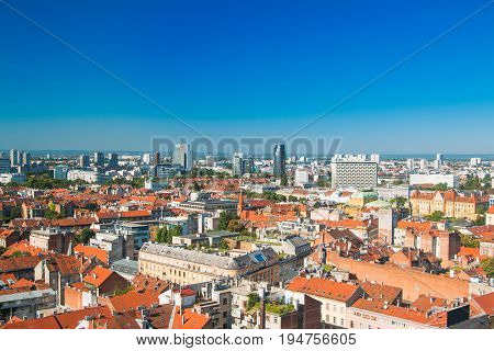 Zagreb down town skyline and modern business towers panoramic view, Croatia capital