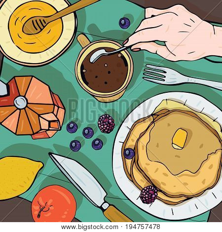Breakfast top view. Square illustration with luncheon. Healthy, fresh brunch coffee, pancakes and fruits. Colorful hand drawn vector illustration