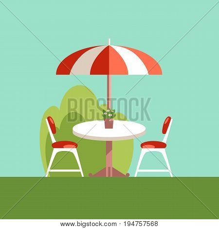 Simple table, umrella and chairs. Vector flat illustration. Picnic and cafe equipment.