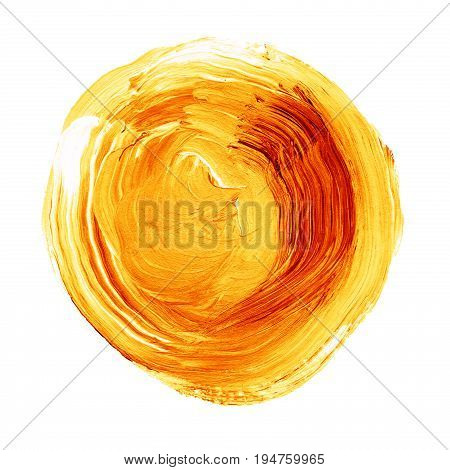 Acrylic Circle Isolated On White Background. Yellow, Orange Round Watercolor Shape For Text. Element
