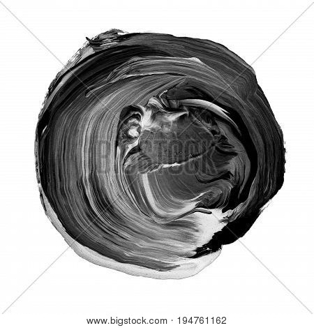 Acrylic Circle Isolated On White Background. Gray, Black Round Watercolor Shape For Text. Element Fo