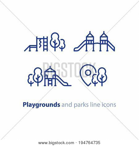 Playground and park location concept, outdoor activities for kids, vector line icon