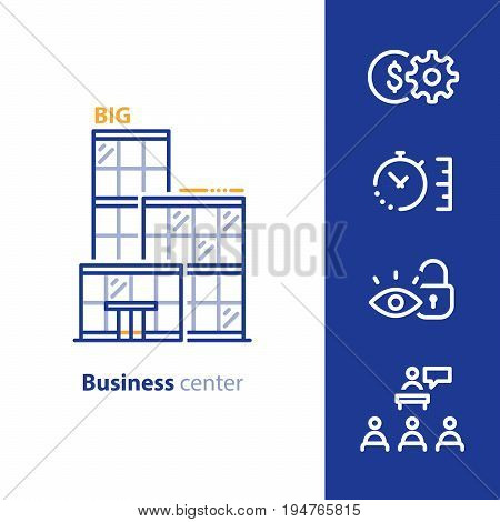 Business office center, rent offer, vector line icon