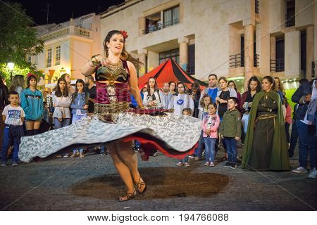 ELVAS PORTUGAL. JUNEL 30 2017: Belly dancers in the medieval festival in Elvas.