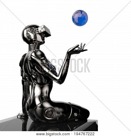 3D illustration. The stylish cyborg the woman with the globe in hands Futuristic fashion android.