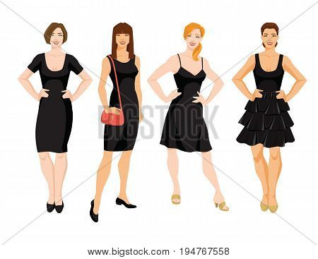 Vector illustration of different model of little black dress. Young women with different hairstyle isolated on white background .