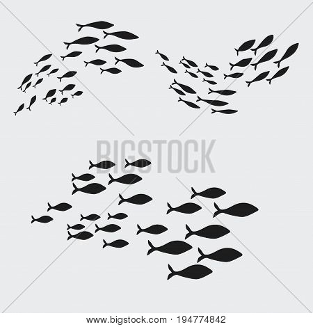 Set silhouettes of groups of sea fishes. Colony of small fish. Icon.