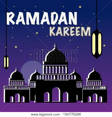 Welcome to ramadhan month with silhouette of mosque