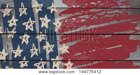 Digitally generated image of star shapes with blue and red stripes against wood