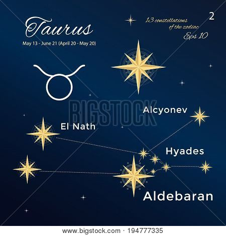 Taurus. High detailed vector illustration. 13 constellations of the zodiac with titles and proper names for stars. Brand-new astrological dates and signs. Vintage style