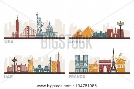 Architectural sights of different countries. USA France UAE and Africa