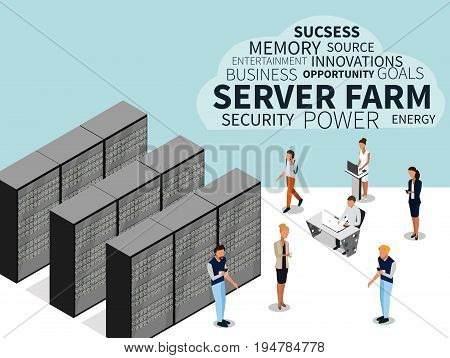 Server farm and isometric people. Isometric view of server, data center, server rack, computer server. Vector illustration