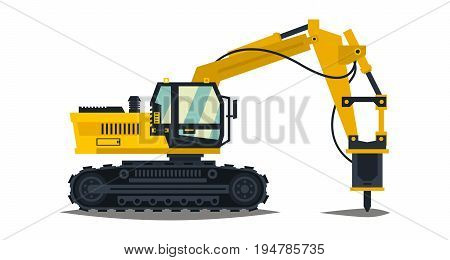 Excavator with his hammer. Hydraulic crusher. Yellow, isolated on white background. Construction machinery. Special equipment. Vector illustration. Flat style.