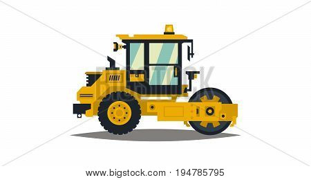 Yellow asphalt compactor isolated on white background. Construction machinery. Special equipment. Road repair. Vector illustration. Flat style.