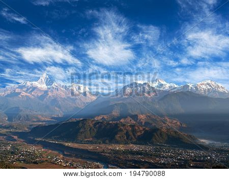 Panorama of Himalayas mountain range - view from Sarangkot Hill in Pokhara Nepal