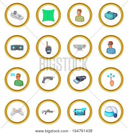 Virtual reality icons circle gold in cartoon style isolate on white background vector illustration