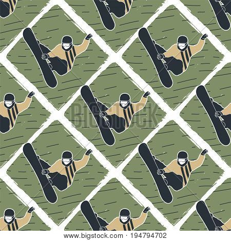 Snowboard man seamless background. Winter ski retro color design pattern with snowboarder. Stock vector isolated on white. Old style.
