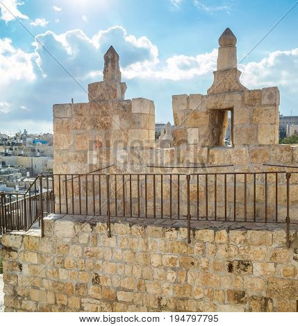 The Damascus gate or Shechem Gate crenellated parapet of the Damascus gate inside the tower above the gate in Old City of Jerusalem Israel