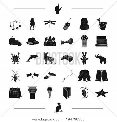 rest, paintball, fishing, child and other  icon in black style. computer, education, insect icons in set collection.
