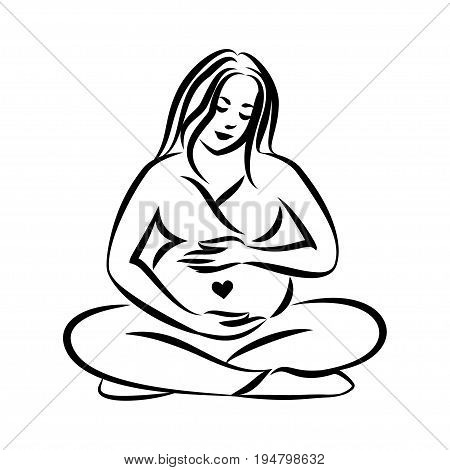 Pregnant woman meditating while sitting in lotus position. Yoga for the pregnant. Stylized outline symbol. Maternity pregnancy motherhood. Silhouette icon logo sign. Vector illustration