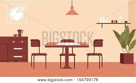 Digital Vector Modern Kitchen Room Interior. Flat Style Background For Commercial, Character, Animat