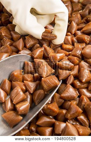 Artisanal production of caramel toffee sweets butterscotch candies. Woman with white gloves shaking put in jar get in the jugs the pieces of butterscotch candies traditional sweets of France