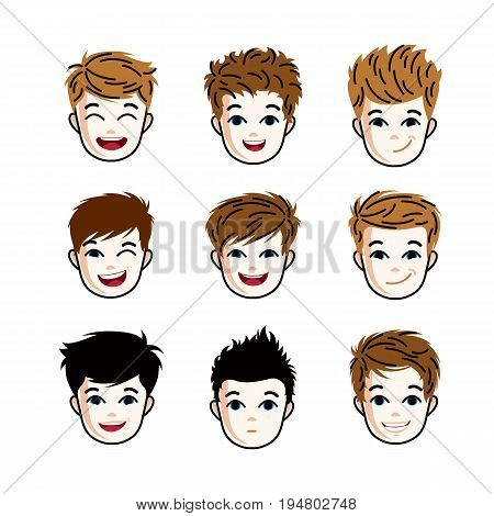 Collection of boys faces expressing different emotions like happiness and making some grimaces vector human head illustrations. Set of red-haired and brunet teenagers.
