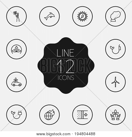 Set Of 12 Bio Outline Icons Set.Collection Of Ecol, Ecologist, Wind Turbine And Other Elements.