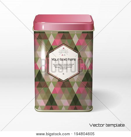 Vector object. Square tin packaging. Tea coffee dry products. Pattern of colored triangles frame for your text.