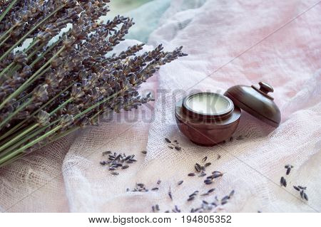 brunh of Lavender flowers and cosmetic whith lavener
