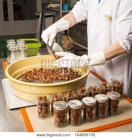 Artisanal production of caramel toffee sweets butterscotch candies. Woman with white gloves shaking put in jar get in the jugs the pieces of butterscotch candies traditional sweets of France
