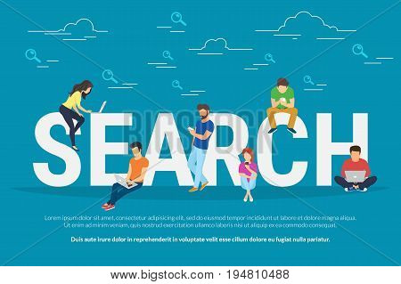 Online searching concept vector illustration of young people using mobile smarthone and laptop for searching info in web browser. Flat design of guys and young women on letters with magnifier symbols