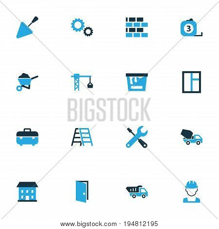 Building Colorful Icons Set. Collection Of Lifting Hook, Stairs, Tip Truck And Other Elements. Also Includes Symbols Such As Barrow, Lifting, Toolbox.