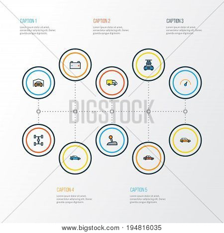 Car Colorful Outline Icons Set. Collection Of Shed, Washing, Accumulator And Other Elements. Also Includes Symbols Such As Shed, Wheelbase, Automatic.
