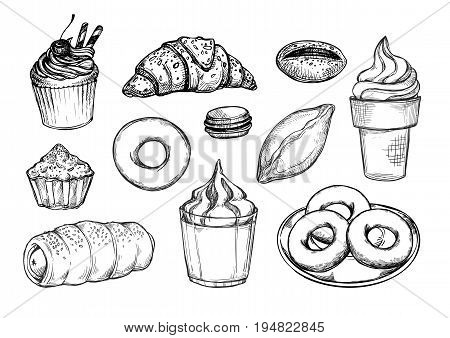 Hand Drawn Vector Illustration - Set With Sweet Desserts (croissant, Cupcake, Donut, Macaroon, Pie,