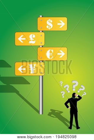 Anxious businessman looking at street sign with world currency